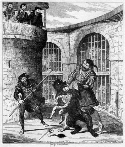 Góg kiszabadította Xit a medvéből a Lions Towerben, 1840 alkotó: George Cruikshank