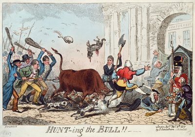 Vadászat a bikára, 1817 (színes rézkarc) alkotó: George Cruikshank
