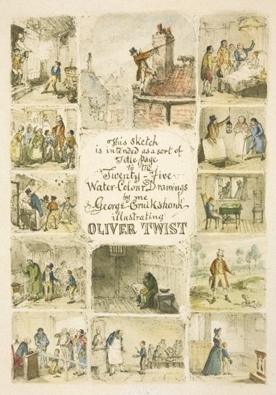 Illusztráció a "Twist Olivér" címlapjához alkotó: George Cruikshank