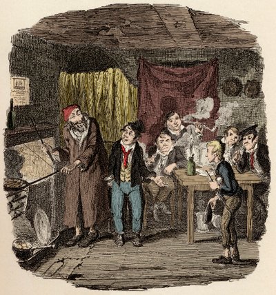 Londonban Jack Dawkins, akit Rókának hívnak, Olivert ajándékozza Faginnak és malfratjainak - Oliver bemutatta a tekintélyes öregúrnak - Illusztráció az „Oliver Twist”-hez (Olivier) (Twist Oliver kalandjai), Charles Dickens (1812-1870) , szerző: Ge alkotó: George Cruikshank