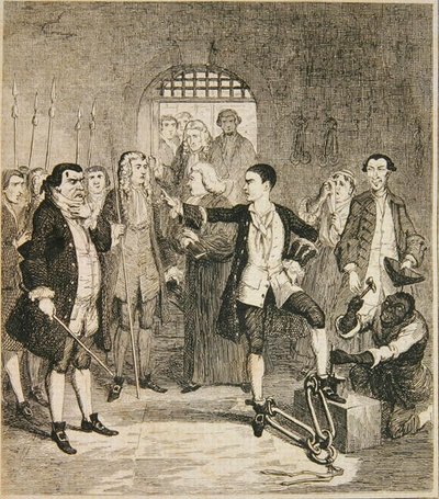 Jack Sheppard vasalói leütve a Newgate-i Kőteremben, illusztráció a "Jack Sheppard: A Romance", William Harrison Ainsworth, megjelent 1839-ben (metszet). alkotó: George Cruikshank