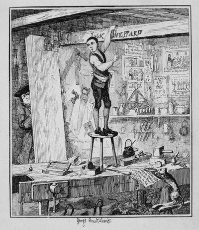 Jack egy gerendára faragja a nevét egykori munkaadója üzletében, illusztrációja William Harrison Ainsworth 1839-ben megjelent „Jack Sheppard: A románc” című könyvéből. alkotó: George Cruikshank