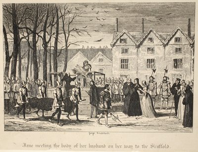 Jane férje holttestével találkozik az állványhoz vezető úton, a Tower of London pubjából. 1840 alkotó: George Cruikshank
