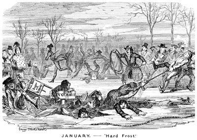 Január - Kemény fagy, 19. század. alkotó: George Cruikshank