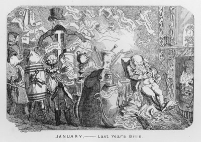 január, tavalyi számlák (metszet) alkotó: George Cruikshank