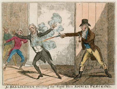 John Bellingham merényletet követ el Spencer Perceval tiszteletbeli elnök ellen az alsóház előcsarnokában. alkotó: George Cruikshank