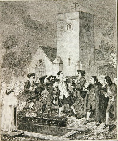 Jonathan Wild megragadja Jacket anyja temetésén Willesden Churchyardban, illusztráció William Harrison Ainsworth „Jack Sheppard: A románc” című könyvéből, 1839-ben (rézkarc) alkotó: George Cruikshank