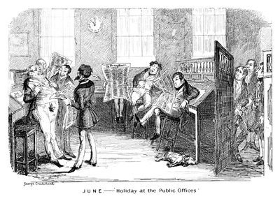 Június - Nyaralás a közhivatalokban, c1836. alkotó: George Cruikshank