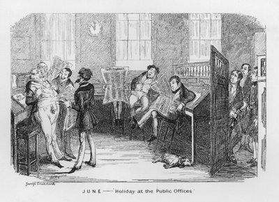 Június, ünnep a közhivatalokban (metszet) alkotó: George Cruikshank