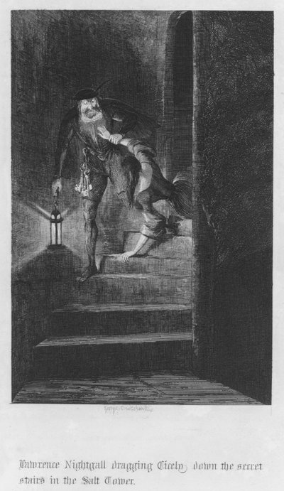 Lawrence Nightgall lerángatja Cicelyt a Sótorony titkos lépcsőjén (metszet) alkotó: George Cruikshank
