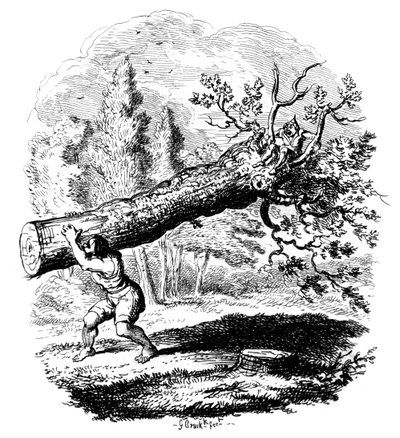 Férfi nagy fatörzset cipel a vállán, 19. század. alkotó: George Cruikshank