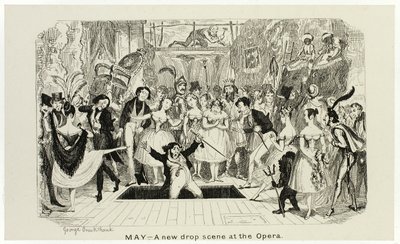 Május - Egy új csepp jelenet az operában George Cruikshank acélmetszeteiből a The Comic Almanacks című vígjátékhoz: 1835-1853 alkotó: George Cruikshank
