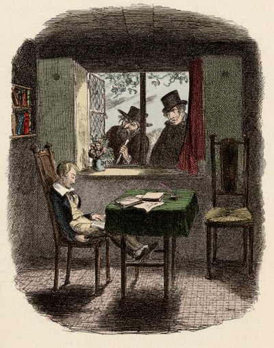 Szerzetesek és Fagin a Maylie-könyvtárban alvó Olivert megfigyelve – Szerzetesek és a zsidó – Illusztráció a „” Oliver Twist”-hez” (Oliver) (Twist Oliver kalandjai), Charles Dickens (1812-1870), George Cruikshank (1792-1878) ) . alkotó: George Cruikshank