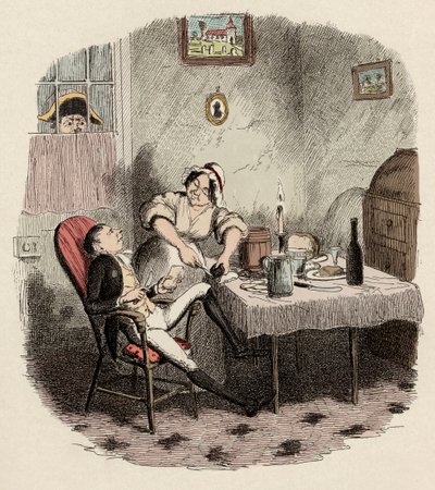 Monsieur Bumble megfigyeli Noe Claypole-t és Charlotte-ot - Mr Claypole, ahogyan megjelent, amikor a gazdája nem volt otthon - Illusztráció Charles Dickens (1812-1870) "Twist Olivér" (Olivier) (Twist Olivér kalandjai) című művéhez, George Cruikshank (1792- alkotó: George Cruikshank