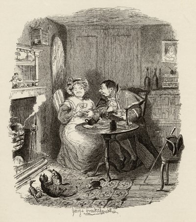 Mrs Bumble és Mrs. Corney teázik, Charles Dickens (1812-70) „The Adventures of Twist” című könyvéből, 1838, Chapman und Hall, 1901 alkotó: George Cruikshank