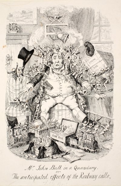 Mr John Bull a nehéz helyzetben vagy a vasúti hívások várható hatásai, pub. 1845 alkotó: George Cruikshank