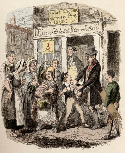 Nancy és Sikes elrabolják Olivért az utcán - Olivért szerető barátai követelik - Illusztráció Charles Dickens (1812-1870) "Twist Olivér" (Olivier) (Twist Olivér kalandjai) című művéhez, George Cruikshank (1792-1878) . alkotó: George Cruikshank