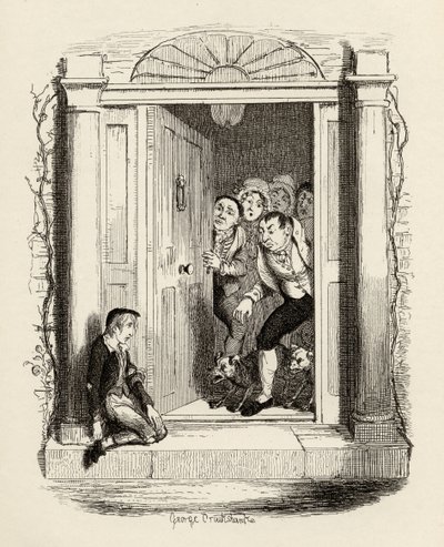 Oliver Twist Mrs Maylie ajtajában, Charles Dickens (1812-70) „Twist Oliver kalandjai” című művéből, 1838, Chapman und Hall, 1901 alkotó: George Cruikshank