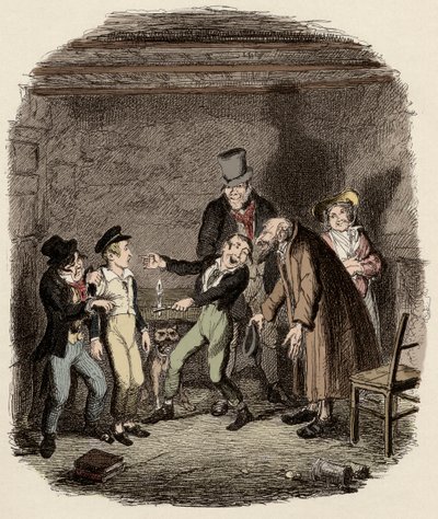 Twist Olivért fogadja az öreg Fagin és csapata - Twist Olivér fogadtatása Fagin és a fiúk által - Illusztráció Charles Dickens (1812-1870) "Twist Olivér" (Olivier) (Twist Olivér kalandjai) című művéhez, George Cruikshank (1792-1878) . alkotó: George Cruikshank