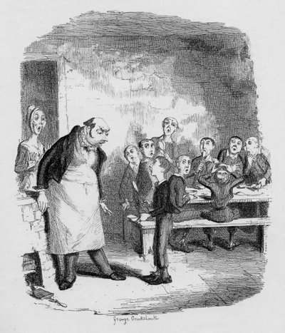 Oliver többet kér, Charles Dickens (1812-70) Twist Olivér kalandjai című művéből (The Adventures of Oliver Twist), 1838, kiadta: Chapman und Hall, 1901. alkotó: George Cruikshank