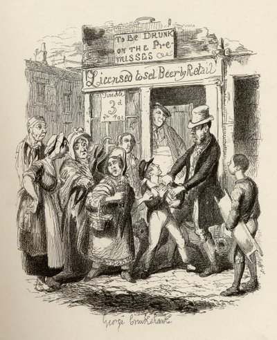 Oliver, akit szerető barátai állítanak, Charles Dickens (1812-70) „The Adventures of Twist” című könyvéből, 1838, Chapman und Hall, 1901 alkotó: George Cruikshank