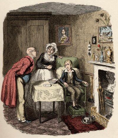 Olivert Mr. Brownlow és házvezetőnője, Mrs. Bedwin gyűjti össze és gondoskodik róla – Oliver lábadozik a lázból – Illusztráció a „” Oliver Twisthez”” (Oliver) (Twist Oliver kalandjai), Charles Dickens (1812-1870), írta George Cruikshank (1792-1 alkotó: George Cruikshank