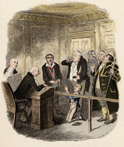 Oliver könyörgött a gyermekbírónak, hogy ne engedje, hogy tanuljon Gamfieldben, a kéményben – Oliver megszökik, hogy a seprő tanonca legyen – Illusztráció Charles Dickens számára „Oliver Twist” (Oliver) (Twist Oliver kalandjai) (1812-1870), által alkotó: George Cruikshank