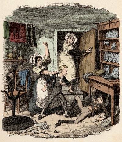 Oliver felkap egy lelket – Illusztráció: "Oliver Twist"" (Olivier) (Twist Oliver kalandjai), Charles Dickens (1812-1870), George Cruikshank (1792-1878) alkotó: George Cruikshank