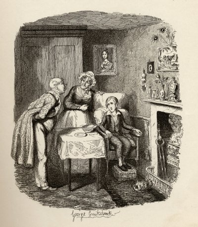 Oliver lábadozik a lázból, Charles Dickens (1812-70) „The Adventures of Twist” című könyvéből, Chapman und Hall, 1901. alkotó: George Cruikshank