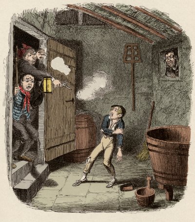 Olivert meglepte és megsebesítette a betörési kísérlet során – A betörés – Illusztráció a Charles Dickens (1812-1870), George Cruikshank (1792-1878) „” Oliver Twist”” (Olivier) (Twist Oliver kalandjai) számára. alkotó: George Cruikshank