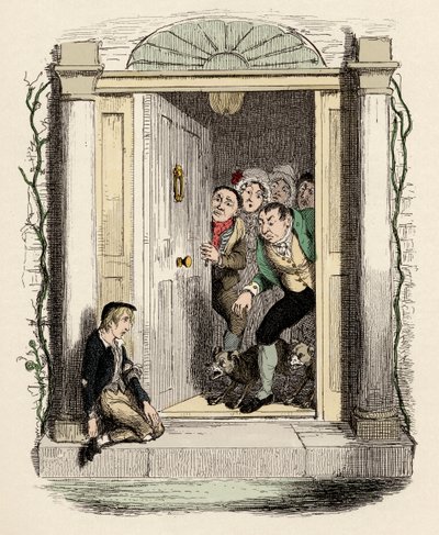 Oliver sebesülten és kimerülten kér segítséget – Oliver Twist Mrs. Maylies ajtajában – Illusztráció a „” Oliver Twist”” (Olivier) (Twist Oliver kalandjai) című művéhez Charles Dickens (1812-1870), George Cruikshank (1792-1878) . alkotó: George Cruikshank