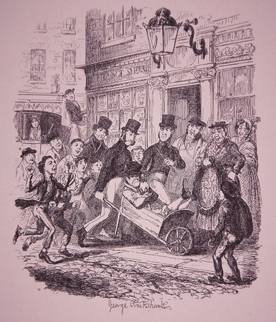 A rendőrök elfogták a zsebtolvajt, 19. század eleje (metszet) alkotó: George Cruikshank