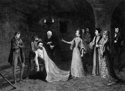 Erzsébet hercegnő szembesült Sir Thomas Wyatttal a kínzókamrában, 1554 1840. alkotó: George Cruikshank