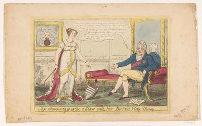 Charlotte hercegnő holland pörgőjével játszott, 1814 Kisasszony arra törekszik, hogy egy Glow-t izgasson holland játékszerével (cím a tárgyon) alkotó: George Cruikshank