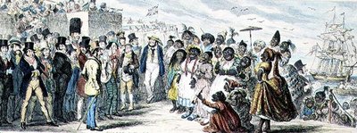 A több mint női emigráció valószínű hatásai, kézzel színezett rézkarc alkotó: George Cruikshank