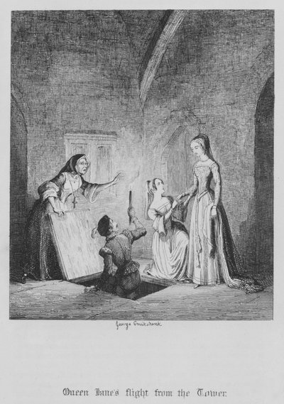 Jane királynő repülése a toronyból (metszet) alkotó: George Cruikshank
