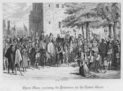 Mária királynő fogadja a rabokat a Tower Greenen (metszet) alkotó: George Cruikshank