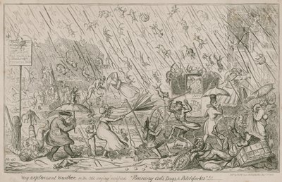 Eső macskák, kutyák és vasvillák alkotó: George Cruikshank
