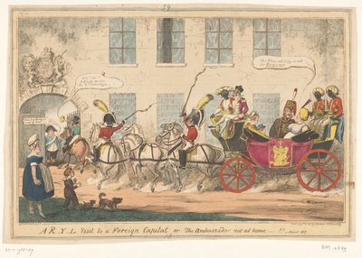 Spotprent op prinses Caroline, 1817 R-Y-L látogatás külföldi fővárosban vagy, a nagykövet nincs itthon-!! (cím a tárgyon) alkotó: George Cruikshank