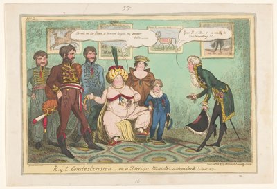Spotprent op prinses Caroline, 1817 R-y-l Leereszkedés vagy egy külügyminiszter elképedve! alkotó: George Cruikshank