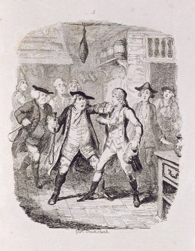 Squire Western megragadja Jones-t Uptonban, a „Tom Jones, az egy találó története” című filmből, a művész vésette, illusztráció a „Henry Fielding művei”, kocsma. Henry G. Bohn, 1853 alkotó: George Cruikshank