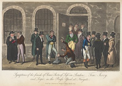 Az „egyes életfajták” befejezésének tünetei – Tom, Jerry és Logic a Newgate-i Press Yardban, „Élet Londonban stb.”, Pierce Egan alkotó: George Cruikshank
