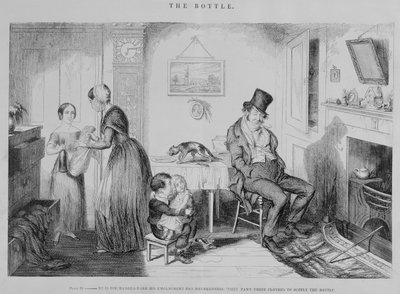 Az üveg, II. tábla, Részegség miatt elbocsátják az állásából: elzálogosítják a ruhájukat, hogy az üveget pótolják, 1847. alkotó: George Cruikshank