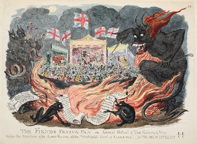 A Fiends Frying Pan vagy a Tom Foolery & Vice éves fesztiválja, pub. 1832 (kézzel színezett metszet) alkotó: George Cruikshank