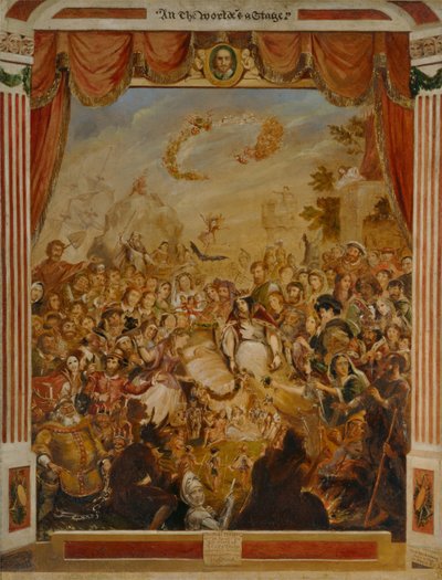 William Shakespeare első megjelenése a Globe Színház színpadán alkotó: George Cruikshank