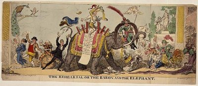 A próba vagy a báró és az elefánt, szatirikus nyomat Kemble kidolgozott produkcióiról a Covent Garden Színházban, állatok bevonásával alkotó: George Cruikshank