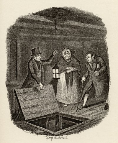 A bizonyítékokat megsemmisítik, Charles Dickens (1812-70) „The Adventures of Twist” című művéből, 1838, Chapman und Hall, 1901 alkotó: George Cruikshank