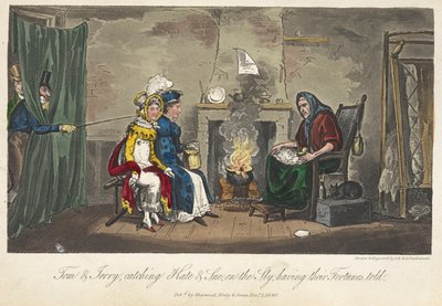 Tom és Jerry ravaszságból elkapják Kate és Sue-t, és a szerencséjüket elmesélik: "Élet Londonban stb.", Pierce Egan alkotó: George Cruikshank