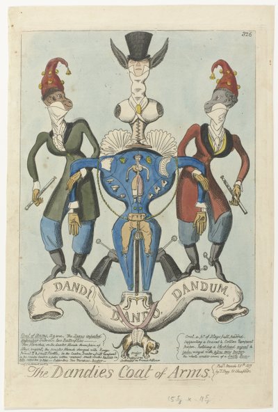 Két öltözött majom manöken alakú fegyvert tart Dandies címere (cím a tárgyon) alkotó: George Cruikshank