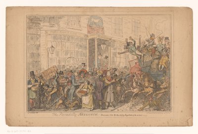 Verkehrschaos buiten het hotel Old White Horse Cellar Piccadillyben A Piccadilly kellemetlenségei! A kerület méltó, megbízott bíróinak szentelve (cím a tárgyon) alkotó: George Cruikshank